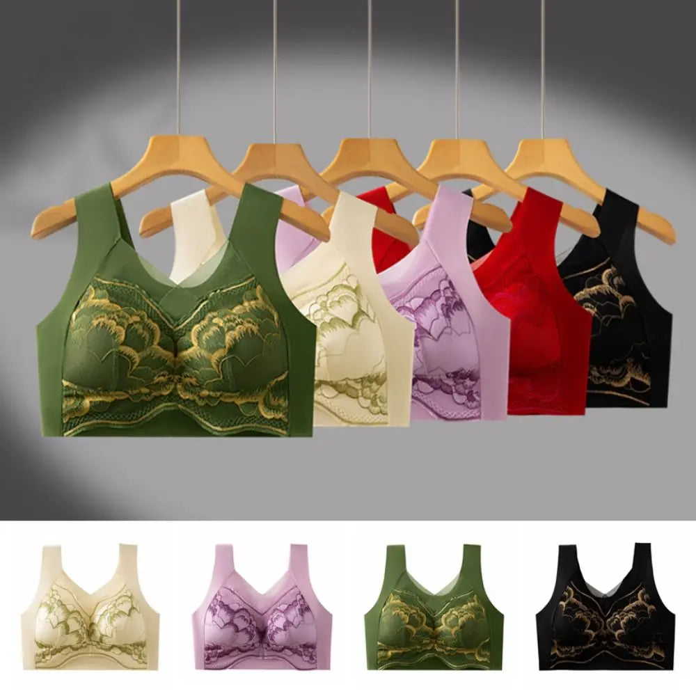 Fashion Plus Size Lace Flower Bra Shockproof Anti-sagging Wireless Deep V Bra Lingerie Close-fitting Underwear for Women Sports