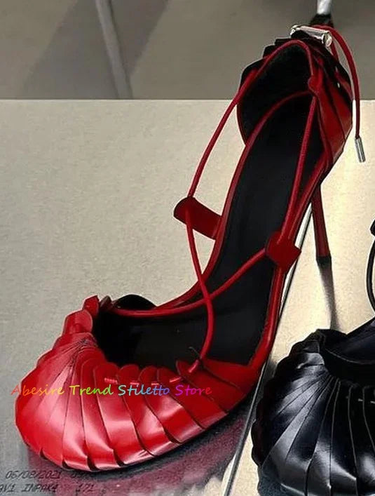 Black Leather High Heel Sandals Women Summer New Round Toe Drawstring Fastening Stiletto Heel Lace Up Party Dress Shoes