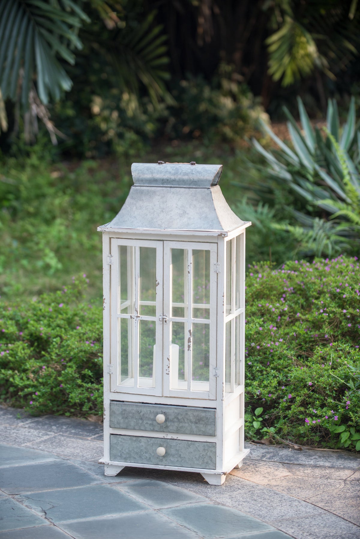 Set of 2 Ivory Wood & Metal Hurricane Candle Lanterns