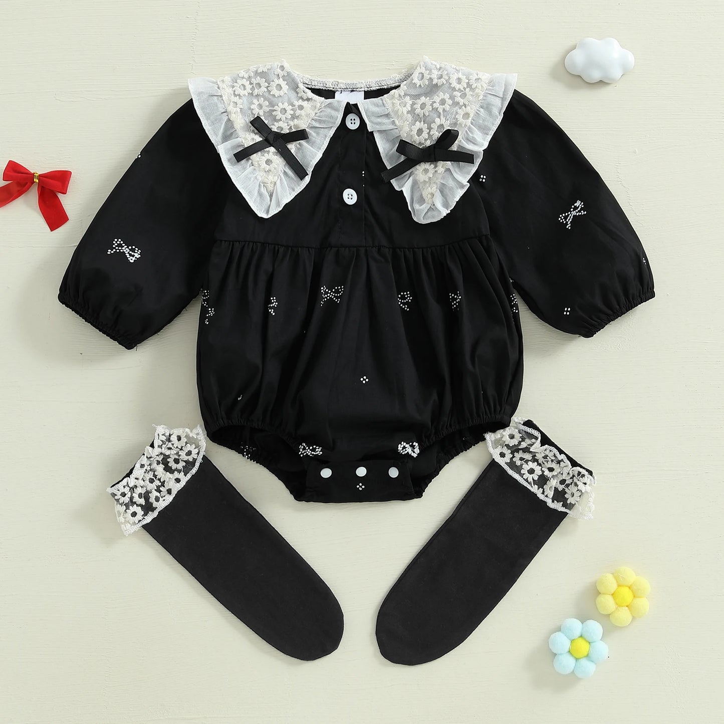 Tregren 0-18M Newborn Baby Girl 2Pcs Spring Summer Outfits Long Sleeve Doll Collar Bow Print Bodysuit with Socks Infant Clothes