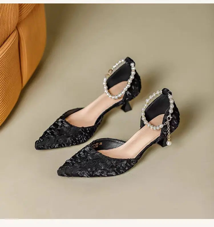 Women High Heel Pumps Size 34-42 Pearls Strap High Heels Lace Women White Wedding Shoes Stiletto Heel Point Toe Bride Bridesmaid