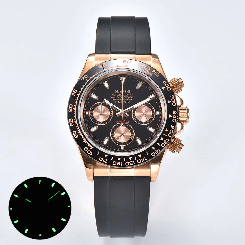 Luxury rose gold men's wristwatch VK63 movement chronograph sapphire glass rubber strap business men's waterproof wristwatch