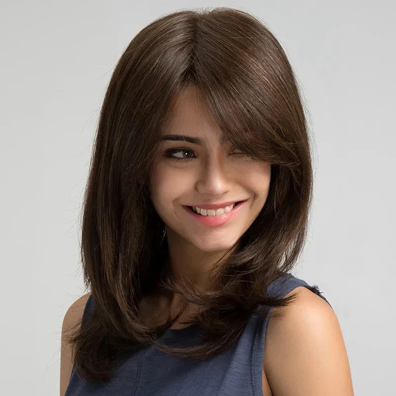 ESIN Synthetic Dark Brown Wig Long Wave Wigs for Women Hair Wig With Bangs Heat Resistant Party Daily Natural Use