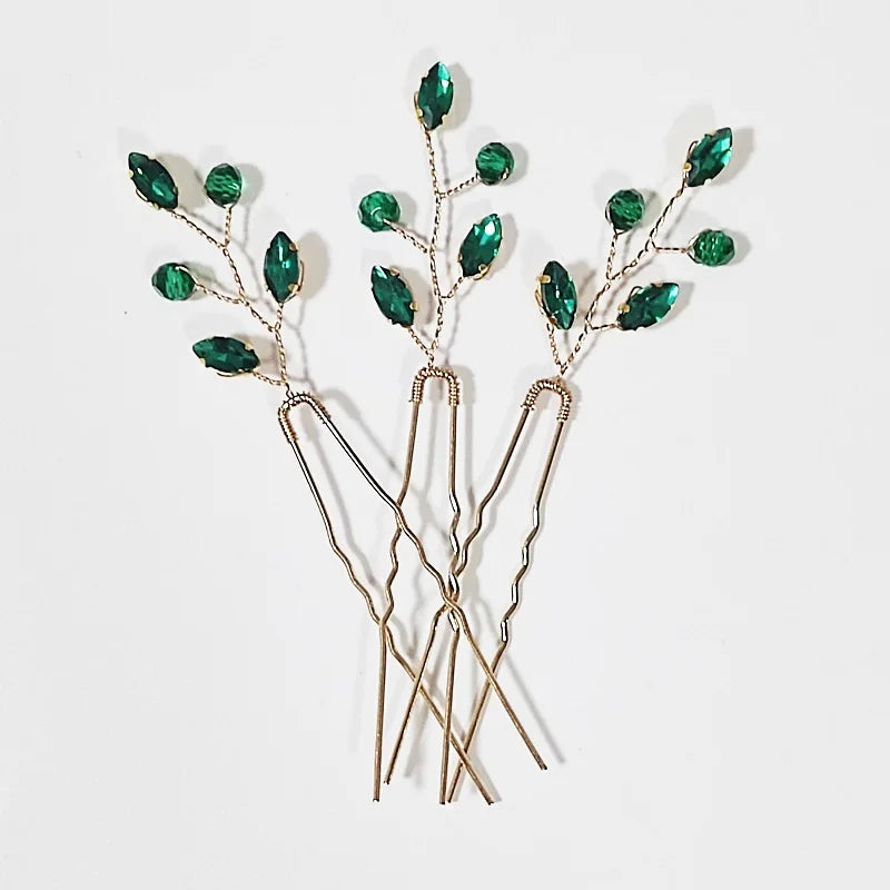 Green Color Rhinestone Hair Combs Bridal Hair Jewelry Leaf Hairpins Pearls Hairpins Bride Wedding Headdress Headband