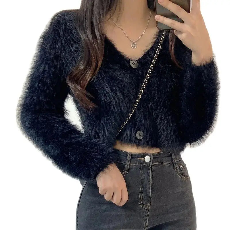 Autumn Winter New Sweet Chic Short Cardigan V-neck Soft Fluffy Sweater Coat Woman  Cropped Cardigan Long Sleeve Top  Y2k Clothes