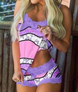 Plus Size Sexy Women Lingerie Set Heart Print Lingerie Lace Pajamas Trim Bowknot Decor Cami Top Lace Patch Shorts Sleepwear Set