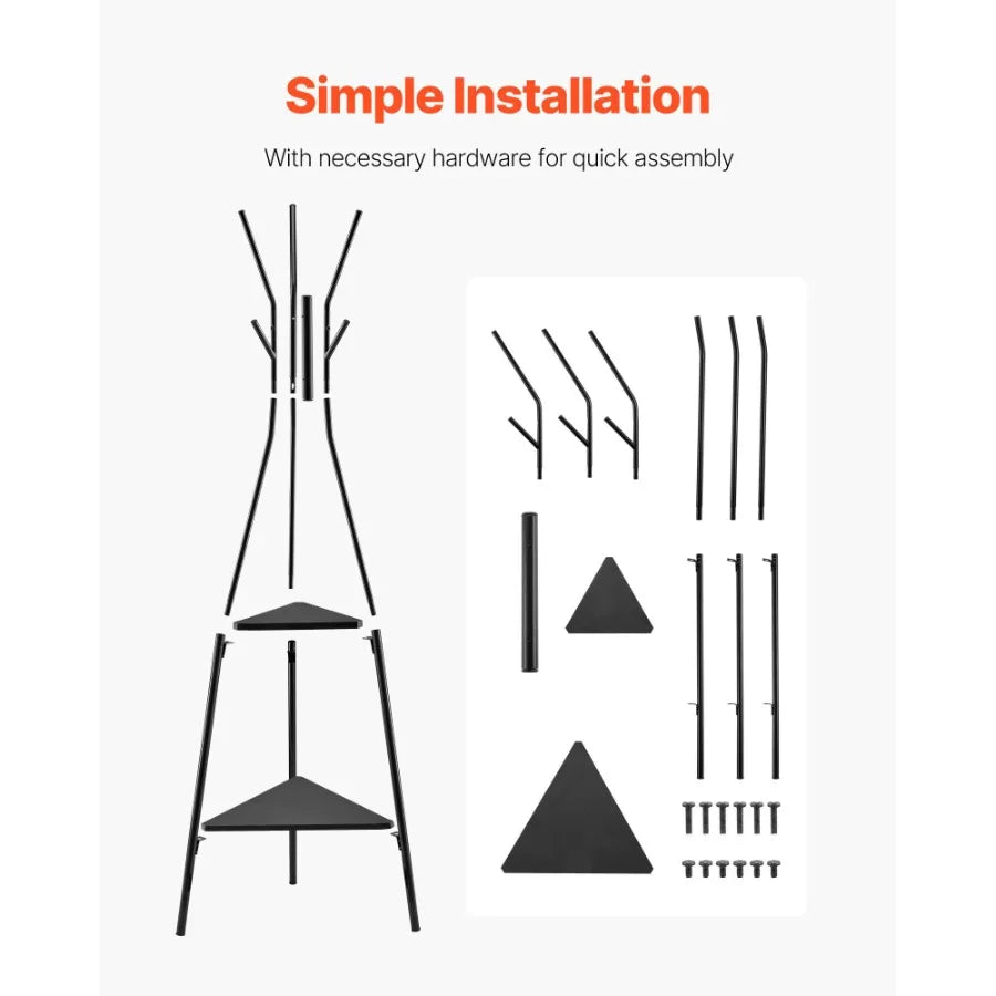 Coat Rack Freestanding Coats Rack Stand with 2 Shelves 6 Hooks