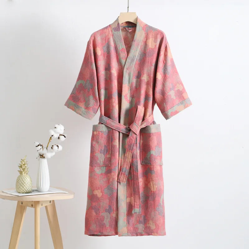 Double Layer Cotton Gauze Long Robe Retro Jacquard Kimono Bathrobe Gown Spring Summer Sleepwear Couple Pijama Loose Lingerie