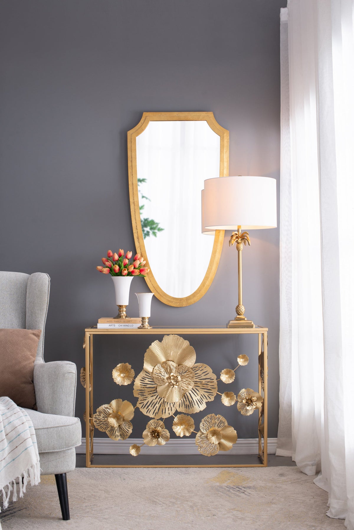 Shield-Shaped Gold Metal Frame Wall Mirror, 24 × 46 in