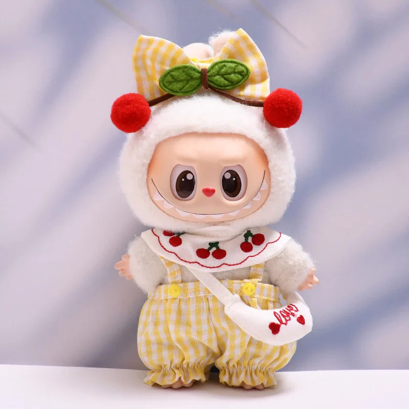 Cherry Hair Accessories and Overalls Set 17CM Pendant Labubu Doll 17cm Labubu Generation 1 2 and 3 Macaron Color Set
