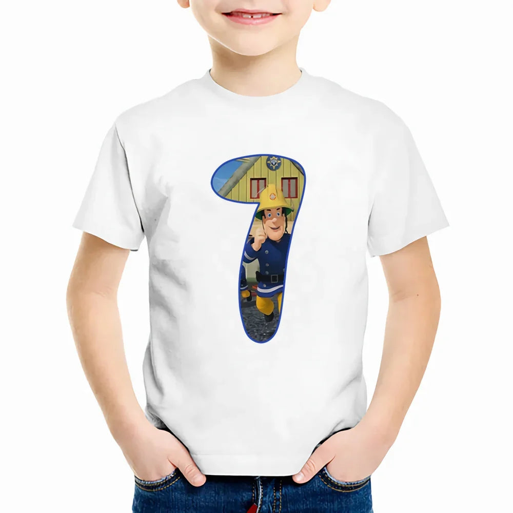Baby Kids Cartoon Birthday Number 1-9 Print T Shirt Fireman Sam Children T-shirts Boys Girls Funny Gift Summer Clothes,YKP022