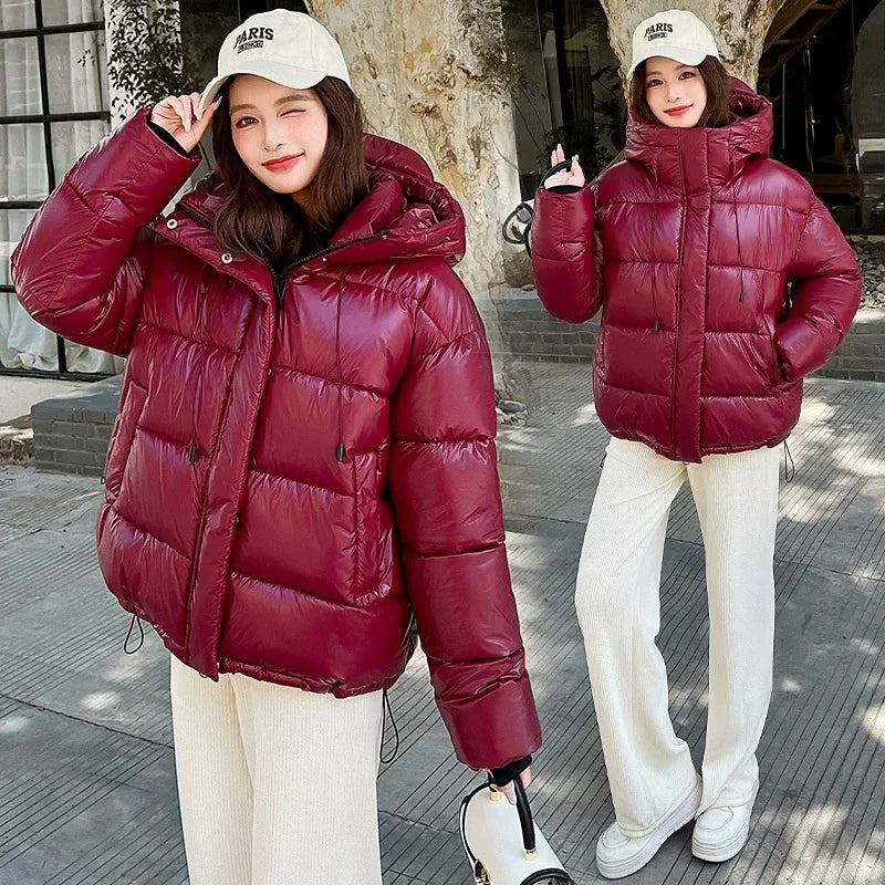 2025New Winter Jacket Women Parka Fashion Hooded Thick Warm Glossy Down Cotton Coat Parkas Female Casual Outwear Overcoat Ladies