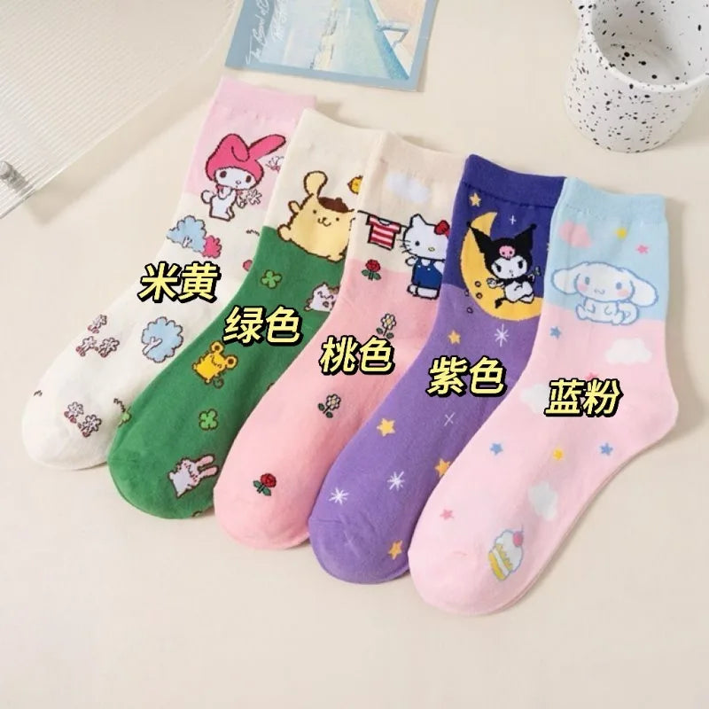 Cartoon Sanrio Hello Kitty Women's Socks My Melody Cute Girl Mid-tube Cotton Socks Kawaii Student Sock Girl Kids Christmas Gift
