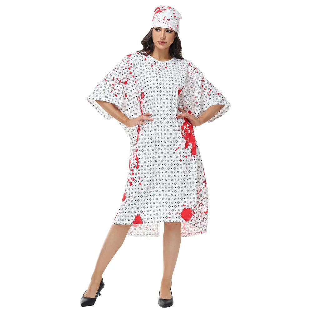 VIP FASHION Bloody Doctor Nurse Cosplay Costume Adult Halloween Party Outfit with Hat Short Sleeved Apron Stage Performance Suit