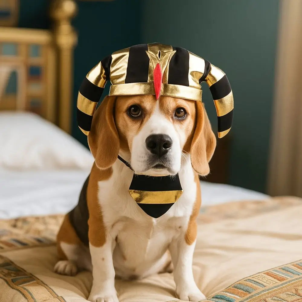 Cute Pet Egyptian Pharaoh Hat Breathable Comfortable Cat Golden Pharaoh Hat Adjustable with Bib Pet Cosplay Costume
