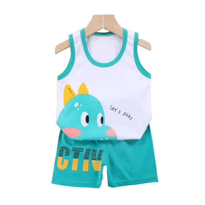 Kids Baby Boys Girls Cotton Breathable Vest+Shorts 2-Piece Set Cartoon Printing Summer Tracksuit Casual Clothes Suit 1-6 Years