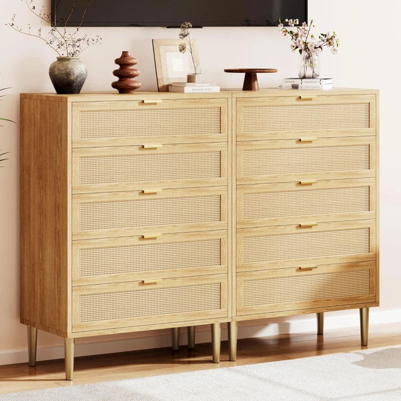 Rattan 5 Drawer Dresser, 44'' Tall Narrow Chest of Drawer, Farmhouse Wooden Vertical Dresser with Metal Legs and Hand
