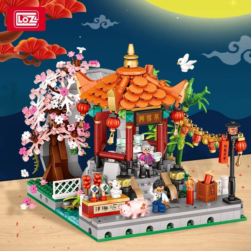 MOC LOZ small particle building blocks Jiangnan water town four corner Pavilion assembled toy gift
