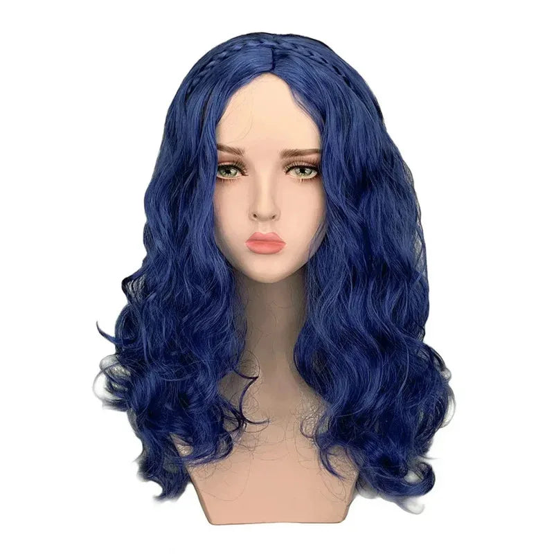 AA wat Descendants 2 Evie Blue Long Wavy Cosplay Costume Heat Resistant Synthetic Hair Party Role Play Wigs Wig C2025 New