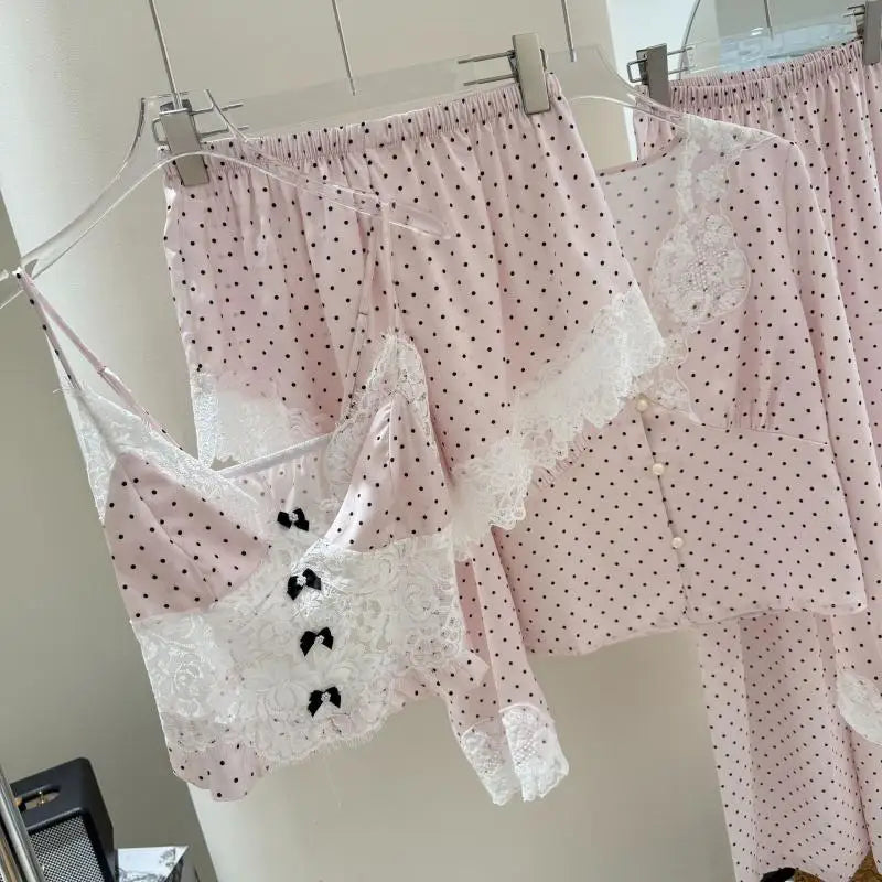 Princess Style Pink Dot Lace Pajamas Set Sexy Vest Top Shorts Pijama Mujer Summer Spring New Loungewear Ice Silk Lingerie