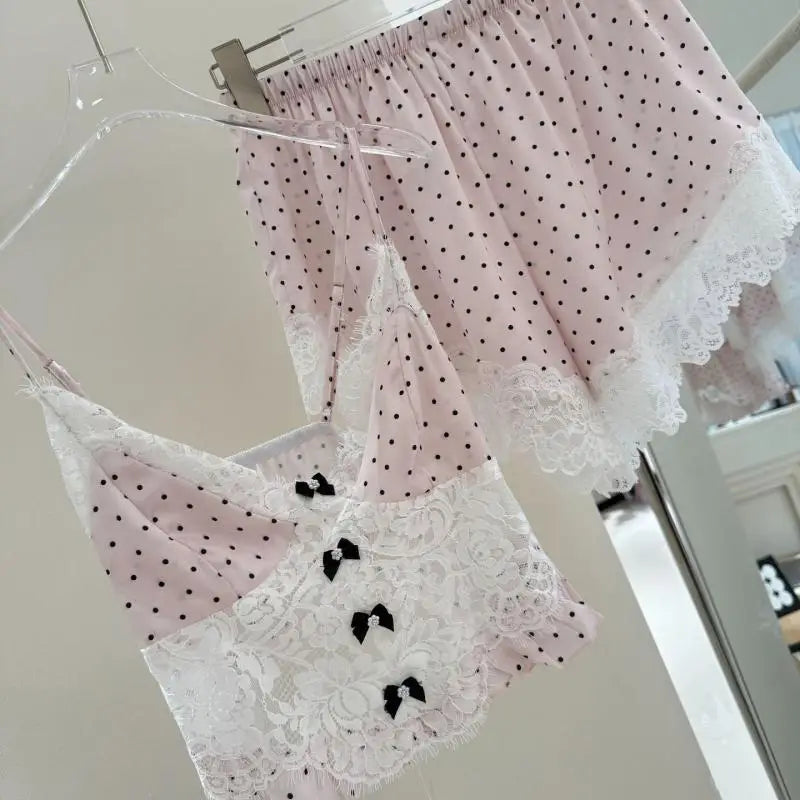 Princess Style Pink Dot Lace Pajamas Set Sexy Vest Top Shorts Pijama Mujer Summer Spring New Loungewear Ice Silk Lingerie
