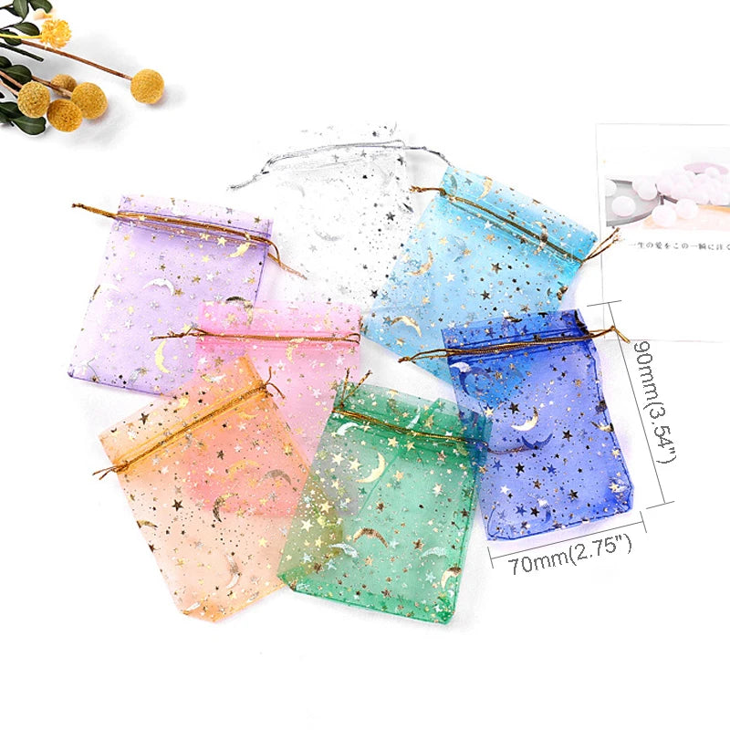 50pcs/lot 7x9cm Moon Star Organza Bags Adjustable Drawstring Bag for Wedding Gifts Candy Jewelry Packaging Pouch Wholesale