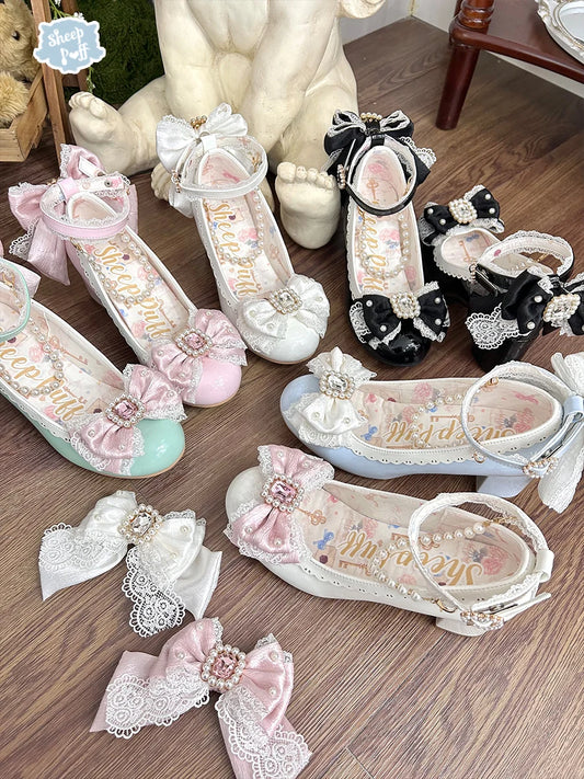 Original Lolita Sweet Flower Wedding Low Heels Shoes Women's Cute Bow Elegant Tea Party Mary Jane Shoes Ladies Leather Shoes