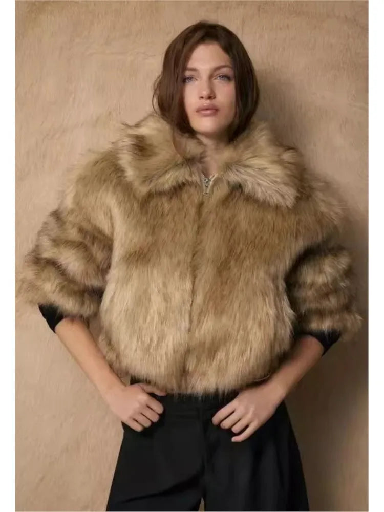 Women Faux Fur Coat Autumn Turn Down Collar Long Sleeve Women's Jacket with Zipper Fashion Female Coats