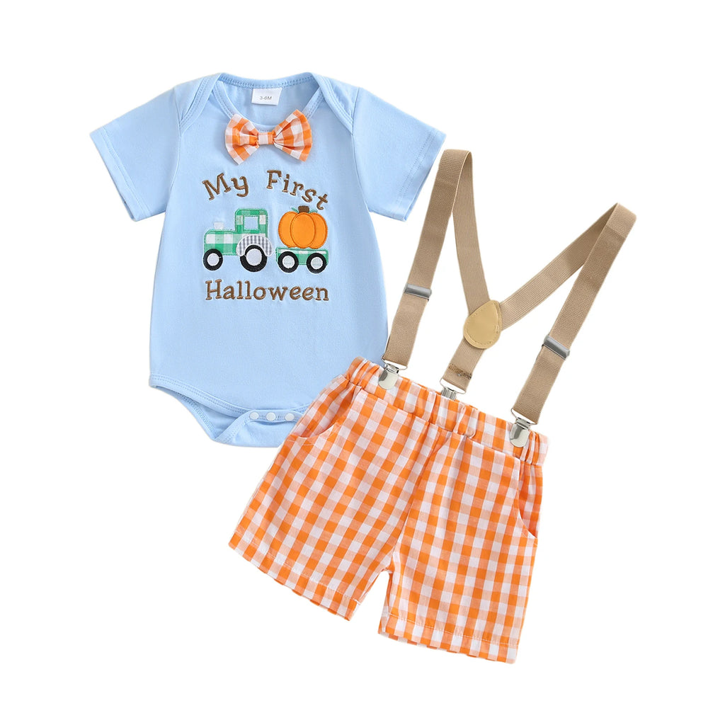 Cute Toddler Halloween Costume Pumpkin Patchwork Long Sleeve Romper with Checkered Suspenders Pants 2 Piece Set for Boys