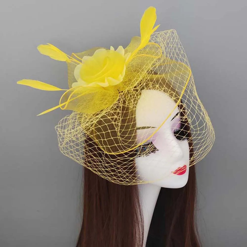 Fashion Feather Mesh Fascinator Hat Bow Elegant Veil Hat Headwear Hair Hoop Headdress Bride Headband Wedding