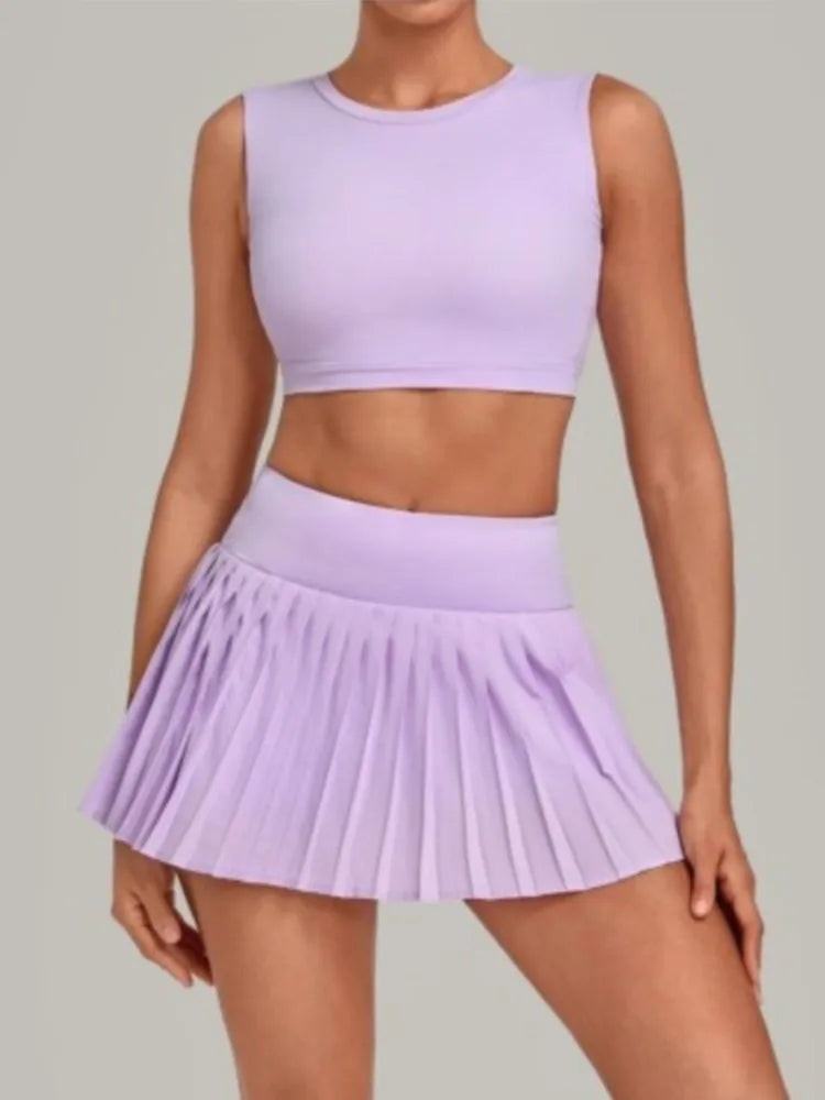 2 Piece Women Quick-Dry Sports Shorts Skirt Set O-Neck Long Sleeve Top Running Fitness Workout Athletic Tracksuit Sportswear