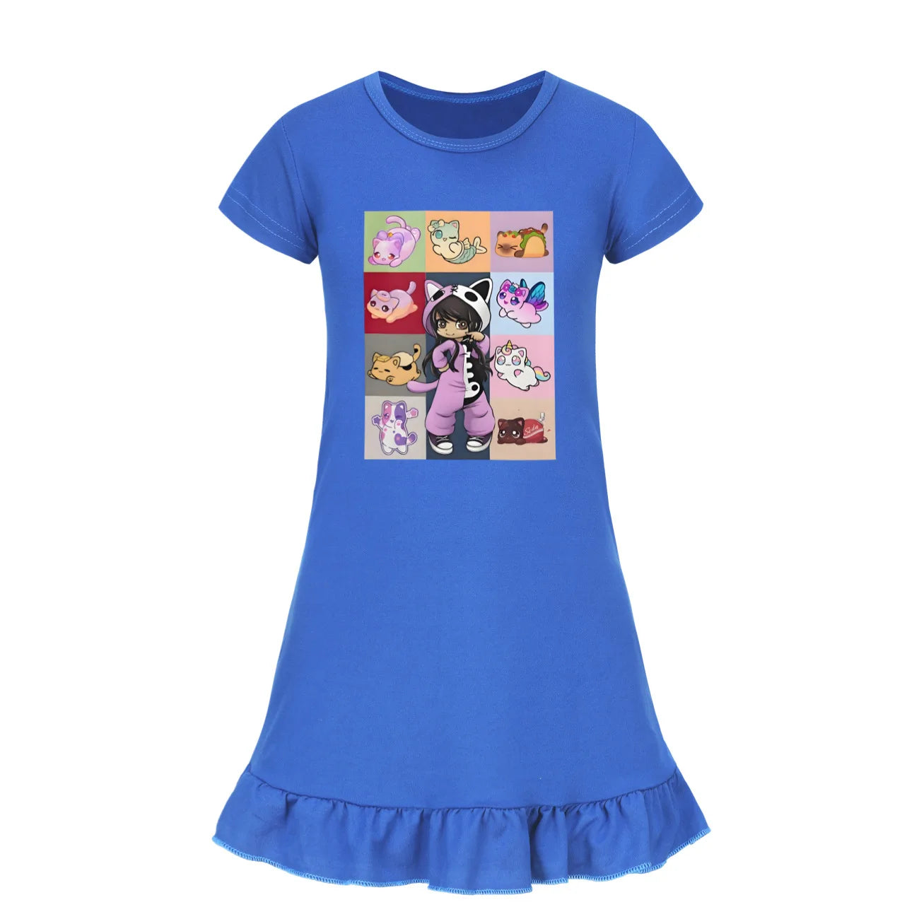 Kids Anime Aphmau Cat Summer Sleepdress Short Sleeve Baby Girls Casual Cartoon Nightgown Daily Wear Clothes for Children