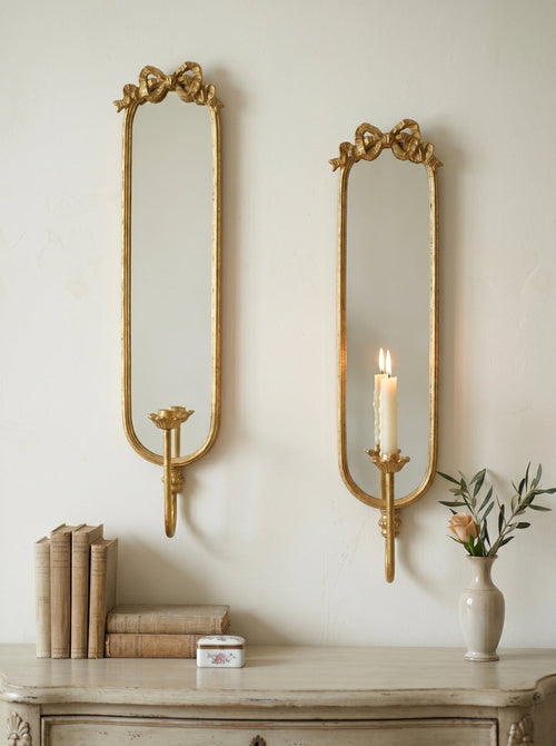 Set of 2 Gold Mirrored Wall Sconces with Iron Candle Holders