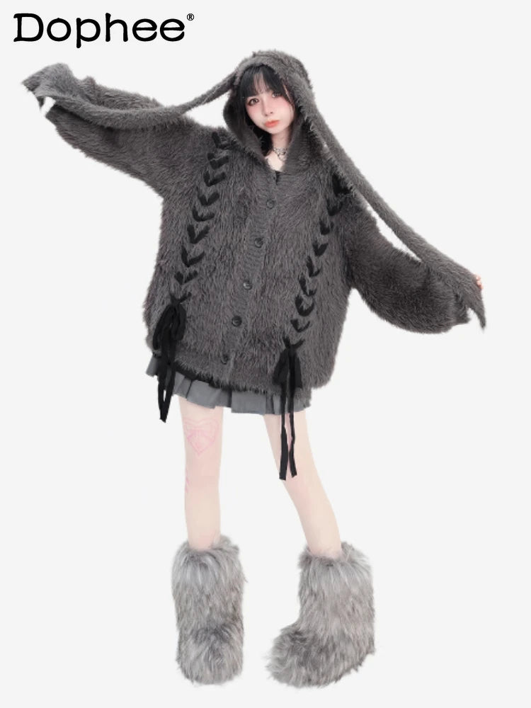 Y2K Subculture Japanese Original Rabbit Ear Hooded Sweater Winter Cute Style Sweet Soft Girl Cardigan Coat for Women