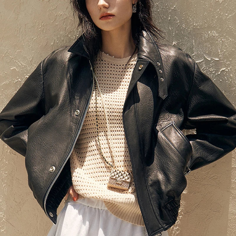 Leather Jacket for Women Short Silm Harajuku Locomotive Casacos Feminino Foamed Sheepskin Single-Breasted Square Collar Outwears