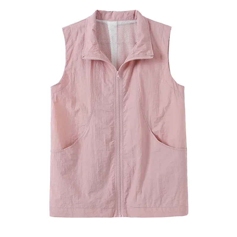 New Spring Summer Thin Blue Vest Women Lined Casual Sleeveless Jacket Basic Coats Turndown Collar Zipper Waistcoat Female Tops