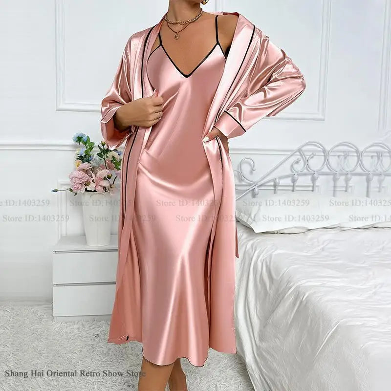Sexy Long Twinset Robe Set Chemise Nightgown Women Nightwear Summer Silk Satin Home Dress Sleepwear Loose Lounge Wear Lingerie
