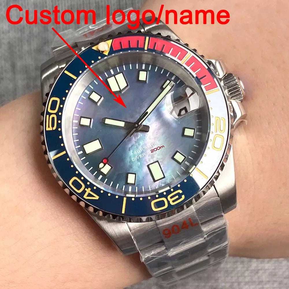 Customized NH35A Automatic Mechanical Watch Men Black Mother of Pearl Dial Luminous 200mWaterproof 40MM Brushed Case Date Cyclop