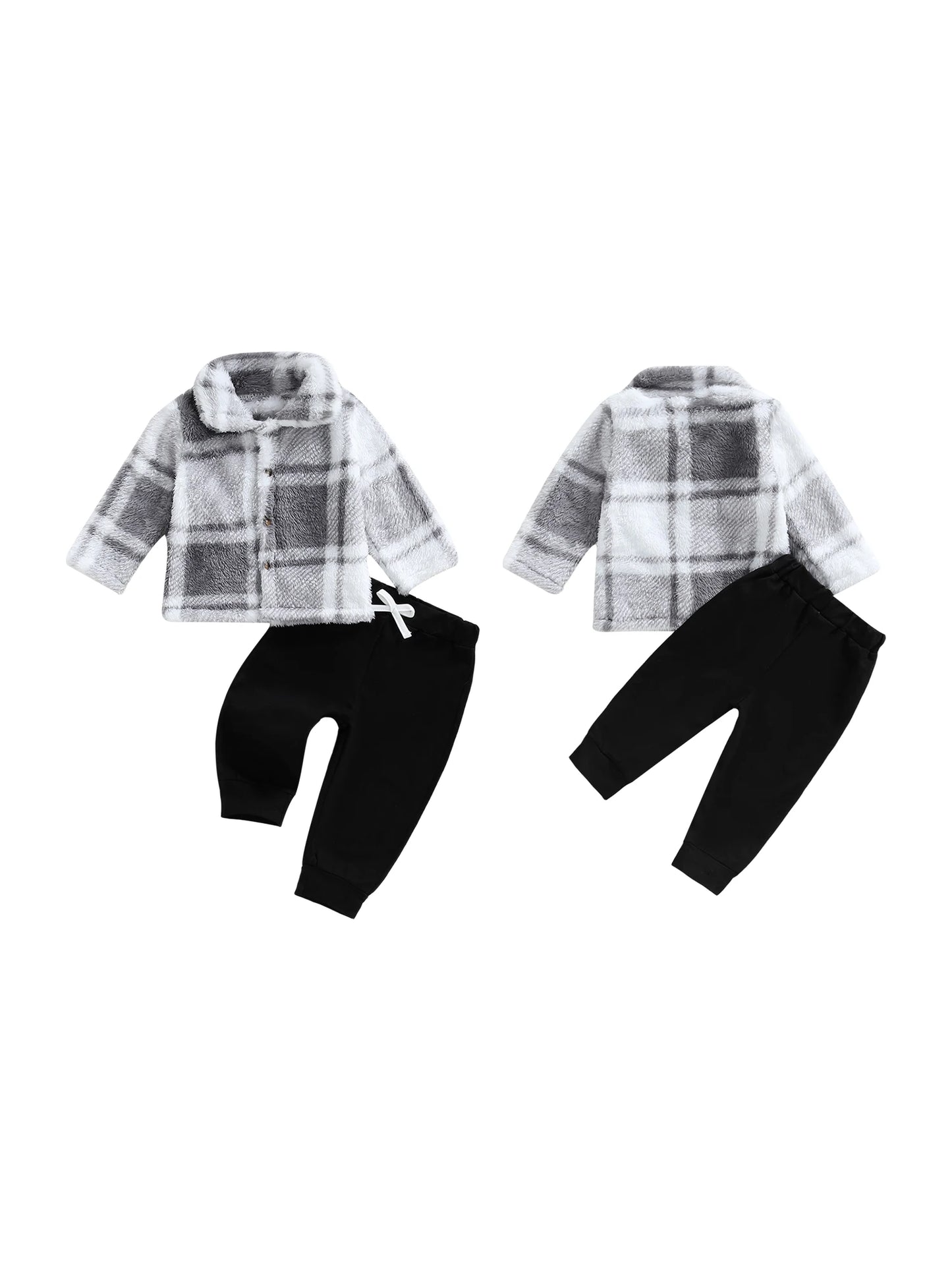 Infant Winter Clothes Set Warm Plaid Fleece Lapel Neck Button Down Long Sleeve Shirt and Pants Outfit for Baby Boy