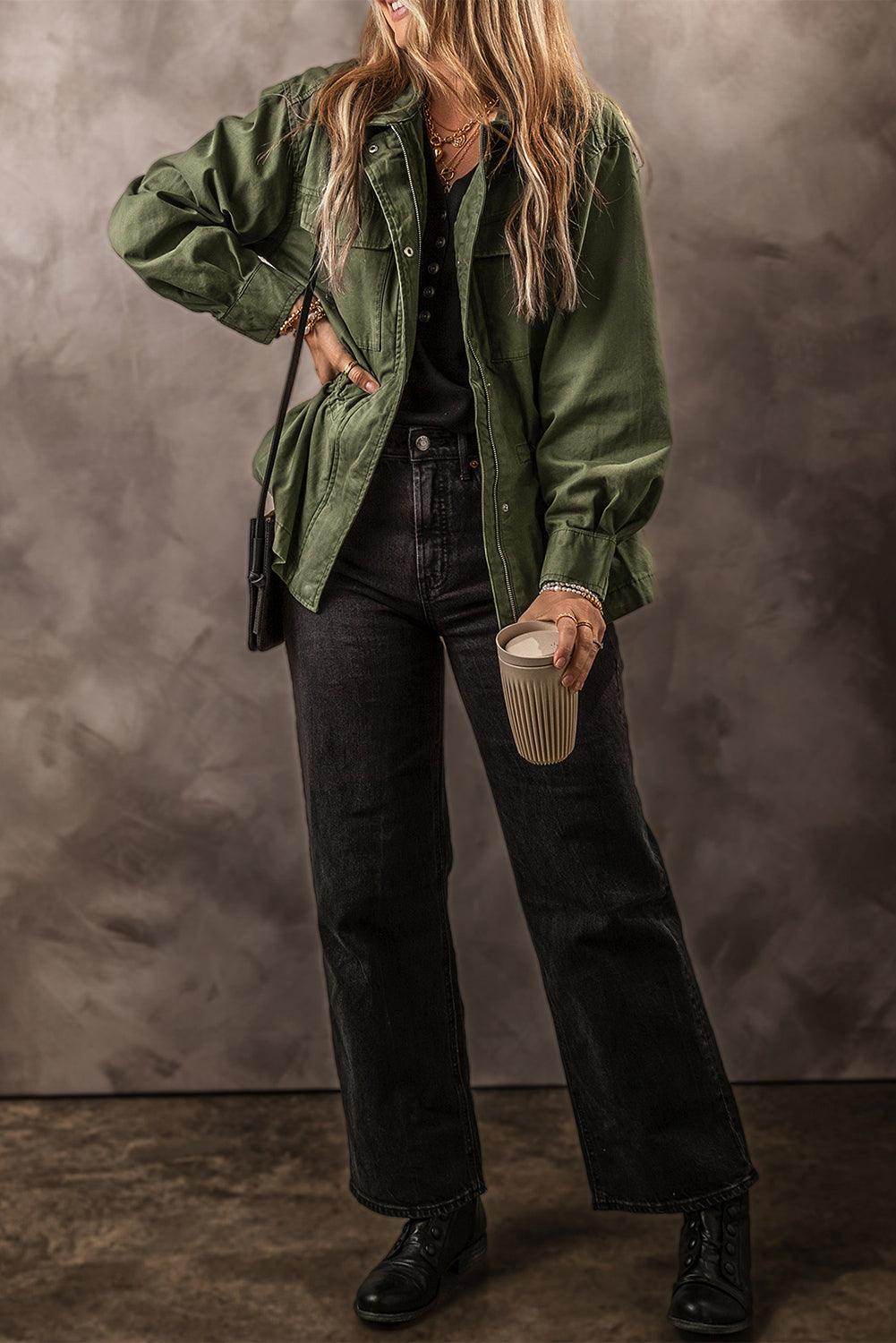 Zip Up Long Sleeve Jacket for Women in Cotton Fabric