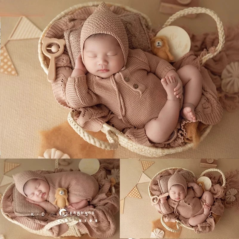 Newborn Photo Accessories Baby Shooting Props Vintage Retro Knitted Clothes Blanket Basket for Studio Photoshoot Fotografia Prop