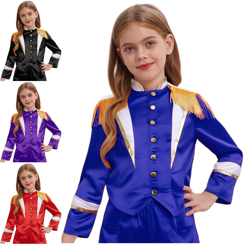 Boys Girls Marching Band Uniform Long Sleeve Tassel Nutcracker Jacket Coat Guard Outerwear for Christmas Drum Major Performance