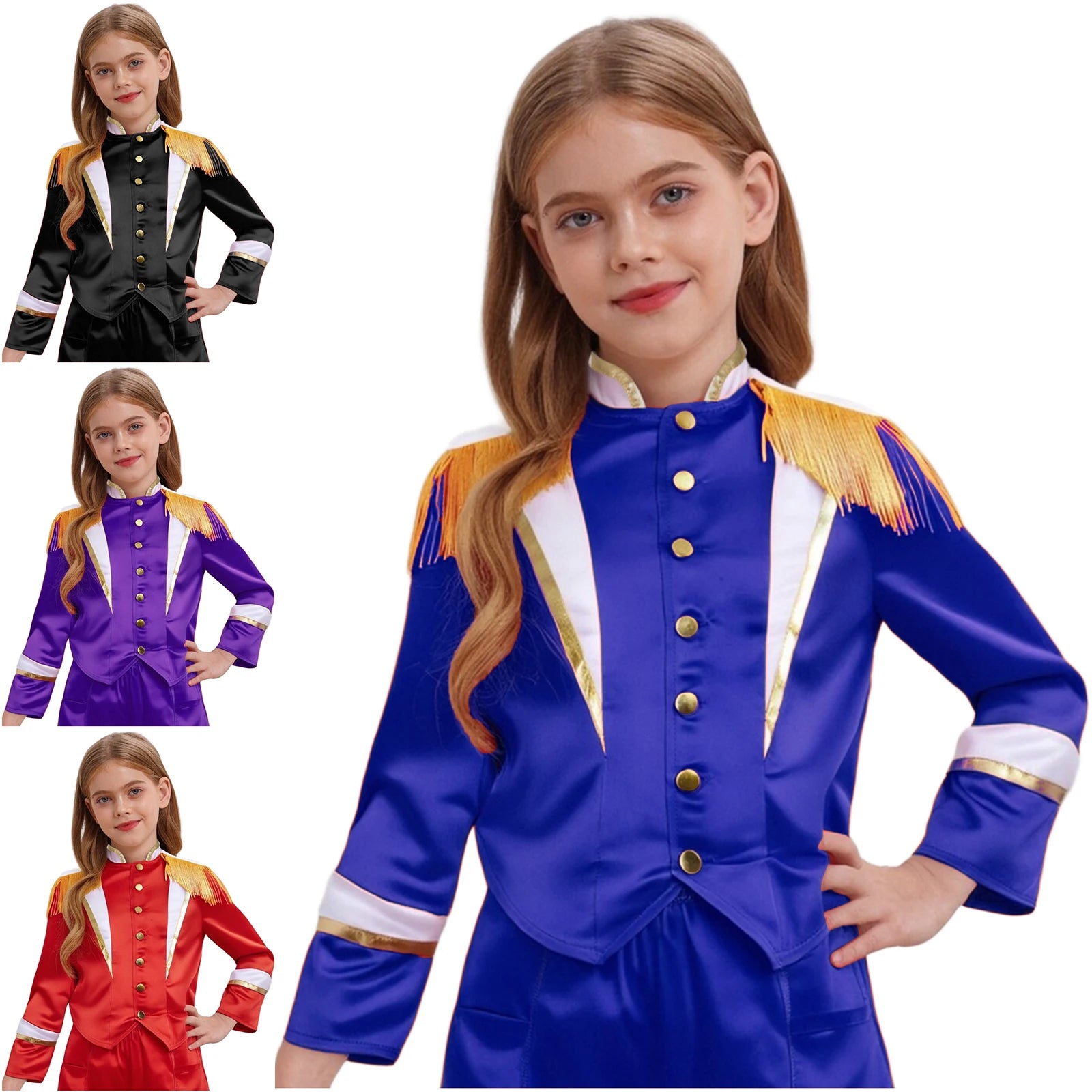 Boys Girls Marching Band Uniform Long Sleeve Tassel Nutcracker Jacket Coat Guard Outerwear for Christmas Drum Major Performance