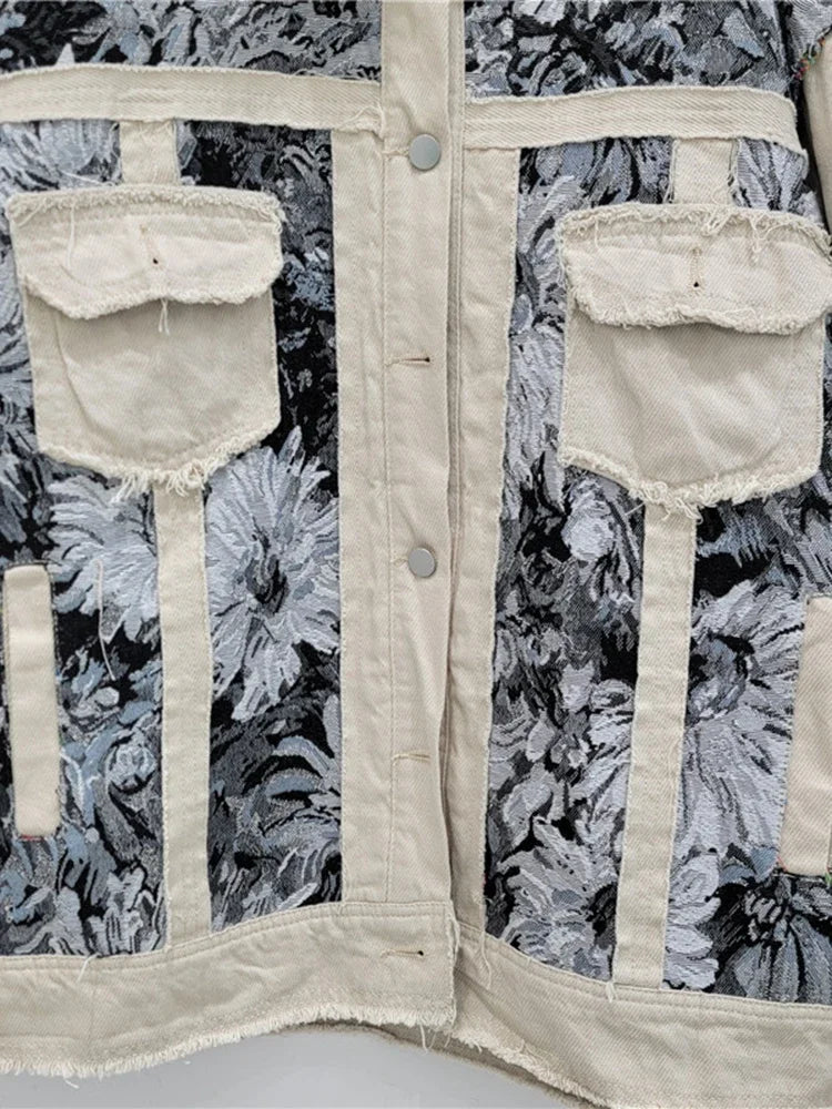 Vintage Trendy Women's Patchwork Print Loose Coat  Summer Fashion Turn-down Collar Long Sleeves Jacket Female