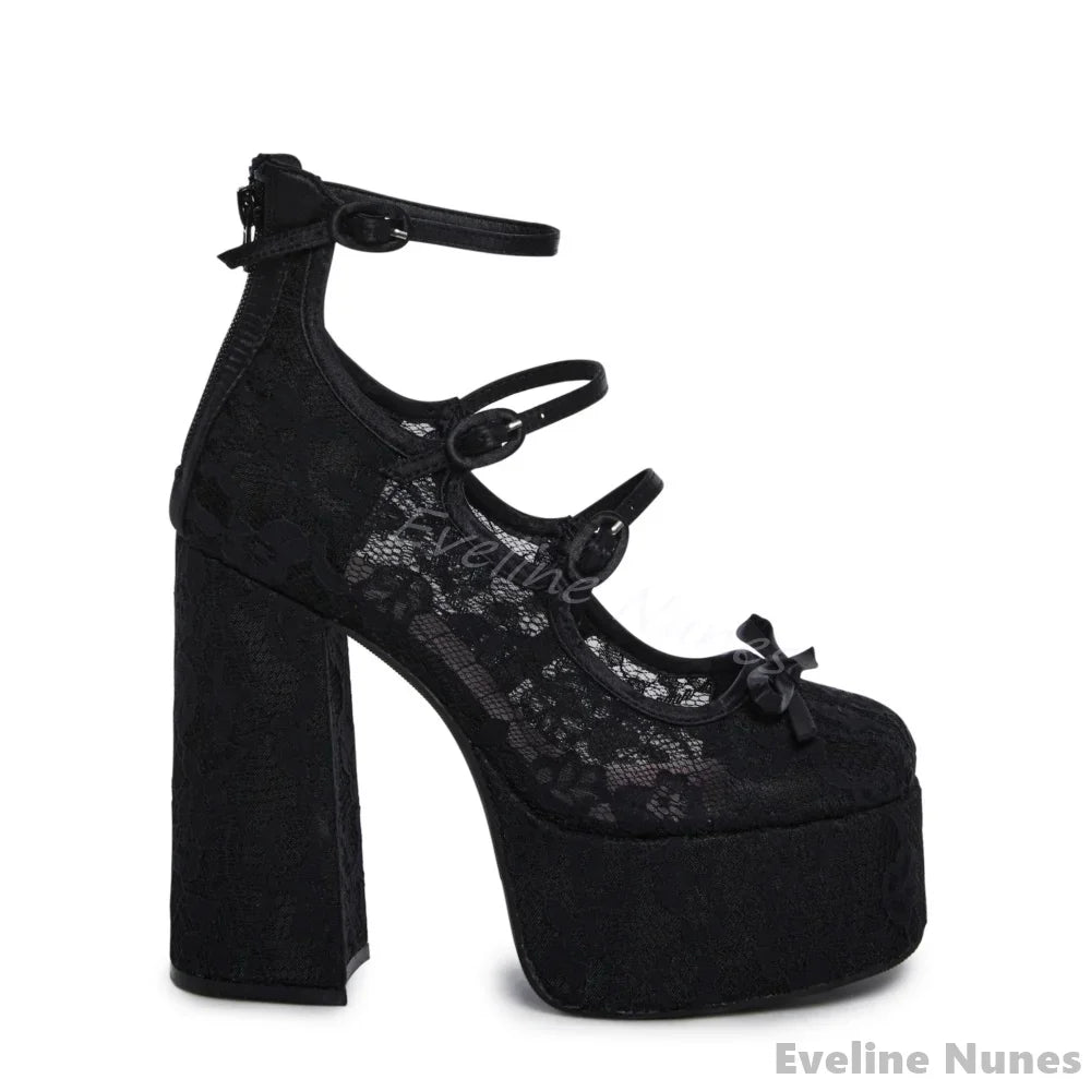 Red Lace Butterfly Knot High Heels Women Round Toe Chunky Heel Platform Shallow Hollow Sandals New Fashion Sexy Wedding Shoes