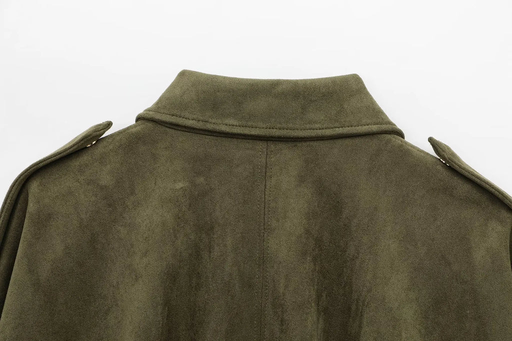 Spring Streetwear Bomber Jacket ZipperWomen Casual Loose Turn-down Collar Green Long Sleeve Bomber Coat Chic Outerwear Tops