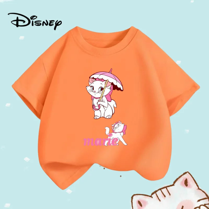 Summer Baby Girls Solid Clothes Kid Disney Marie Cat Printed Short Sleeve T-shirts Children Cartoon O-Neck Soft Breathable Top