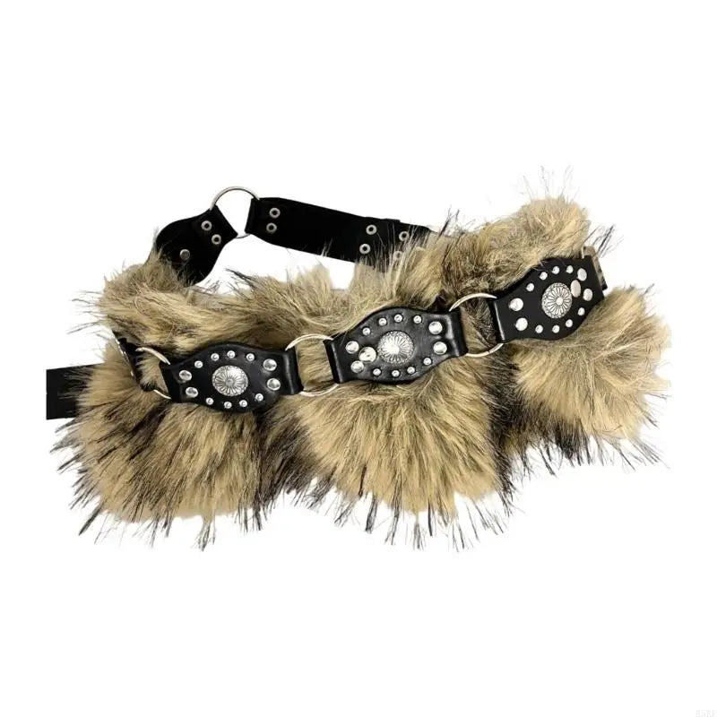 Retro Cowgirl Waistband Studded Faux Furry Belt Adjustable Length Waist Girdle Gothic Unisex Clothing Accessory