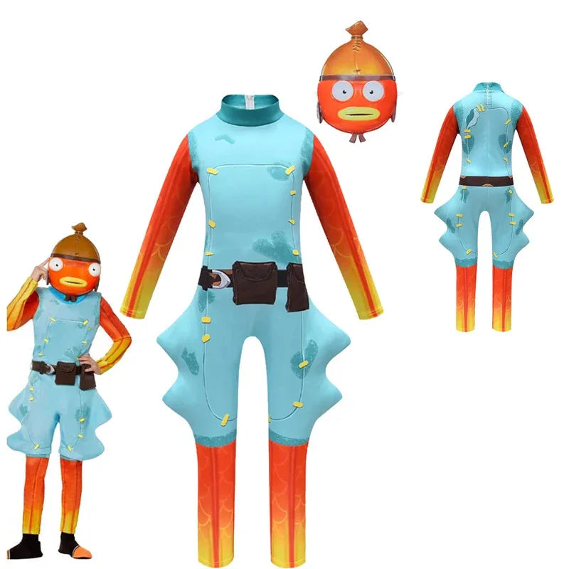 Cosplay Kids Halloween Fish Stick Cosplay Costume for Teen Boy Girl Jumpsuit Boss Christmas Party Mask+Playsuit Child Body Anime