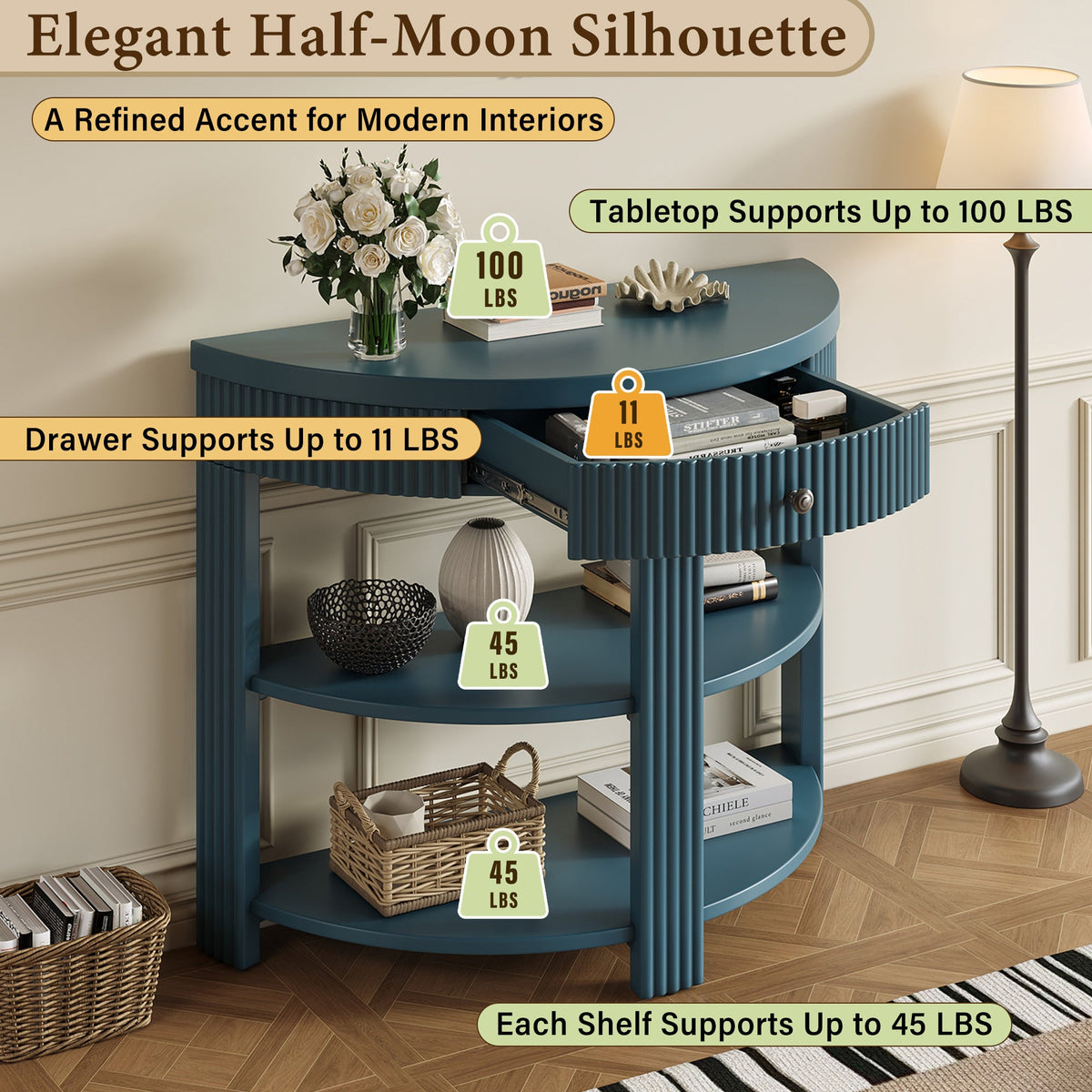 Fluted Half Moon Console Table with Drawer and 2 Shelves for Entryway,